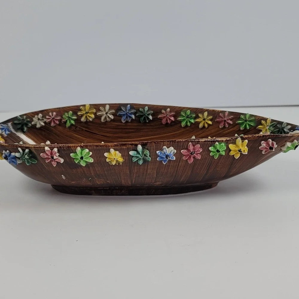 Elbee Italy Pottery MCM Hand Painted Flower Rim Faux Wood Grain Oval Bowl 9.5in